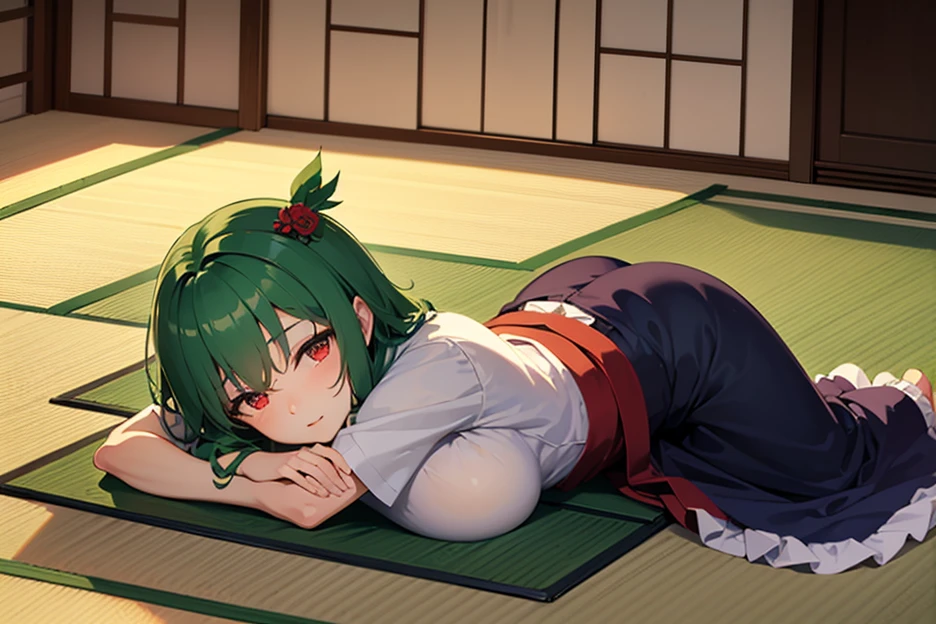 lightblue hair、(One eye is hidden)、Green eyes、NSFW、monk clothes、Inside a wooden building at night、Tatami mats、