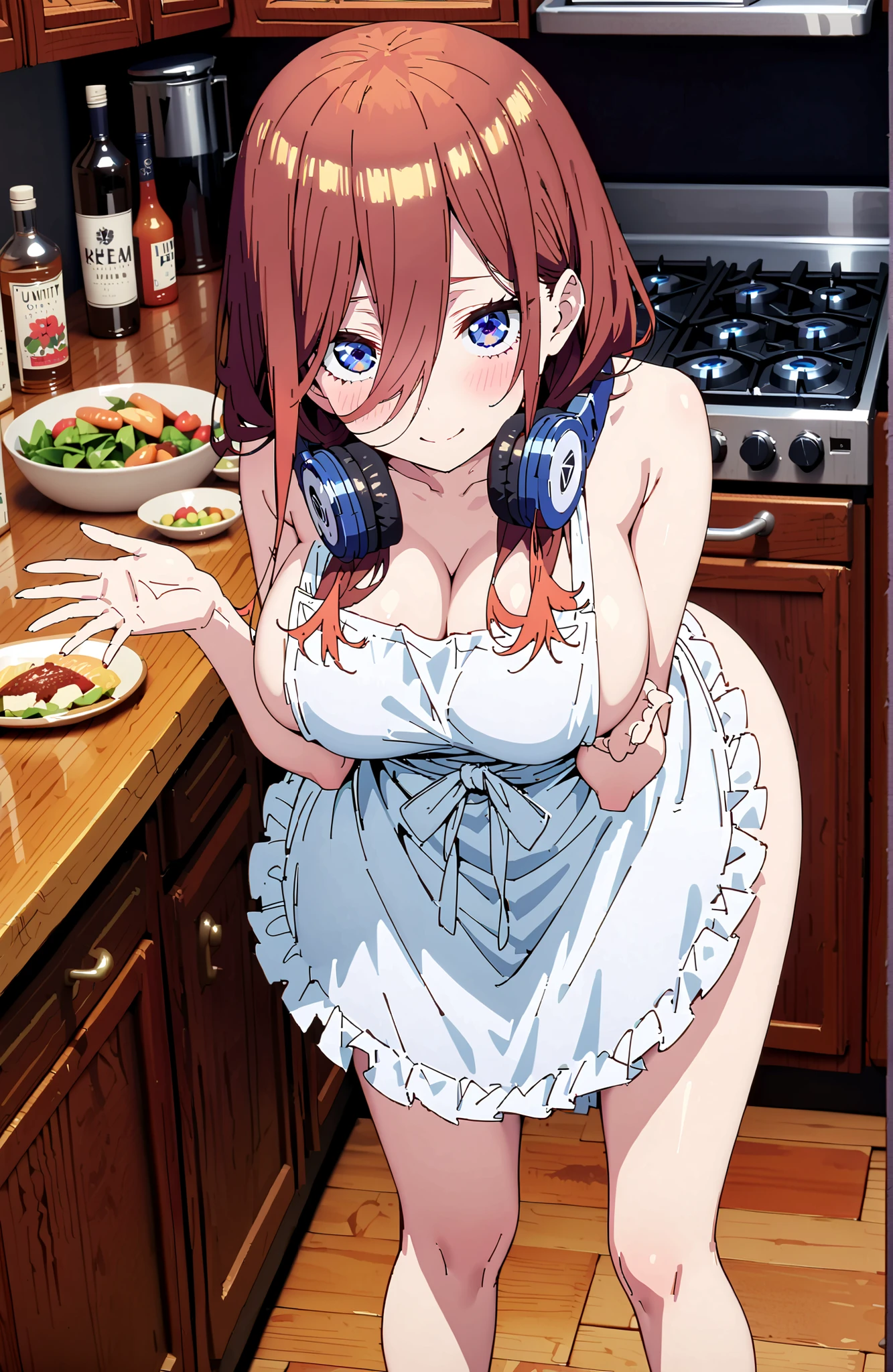 Nakano Nakano Miku, bungs, blue eyes, brown hair, shirt, o, Big Breasts,headphones , headphones around neck, long hair,side boob,cleavage,naked apron,Bare legs,lifts her breasts with both hands,smile,cover,close your mouth,narrows her eyes,,standing,bending forward,full bodyがillustrationsに入るように,break indoors,kitchen,
break looking at viewer,full body,
break (masterpiece:1.2), Best Quality, high resolution, Unity 8k 壁紙, (illustrations:0.8), (beautiful detailed eyes:1.6), very detailed face, perfect lighting on the table, extremely detailed CG, (perfect hand, Perfect Anatomy),