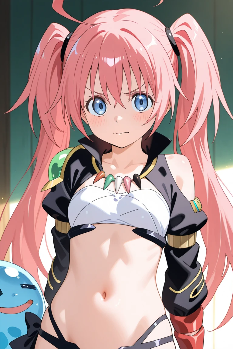 Milim Nava de tensei shitara slime datta ken, pink hair, long hair, twintails, eye reflection, glowing eyes, evil smile, chiaroscuro, cinematic lighting, jpeg artifacts, ray tracing, drop shadow, anime, Minimalism, Sony FE, high detail, anime style, raised fist, En plein air, reflection light, image fill, panorama, masterpiece, UHD, super detail, high quality, 16k, highres, anatomically correct, ccurate, textured skin, high details,