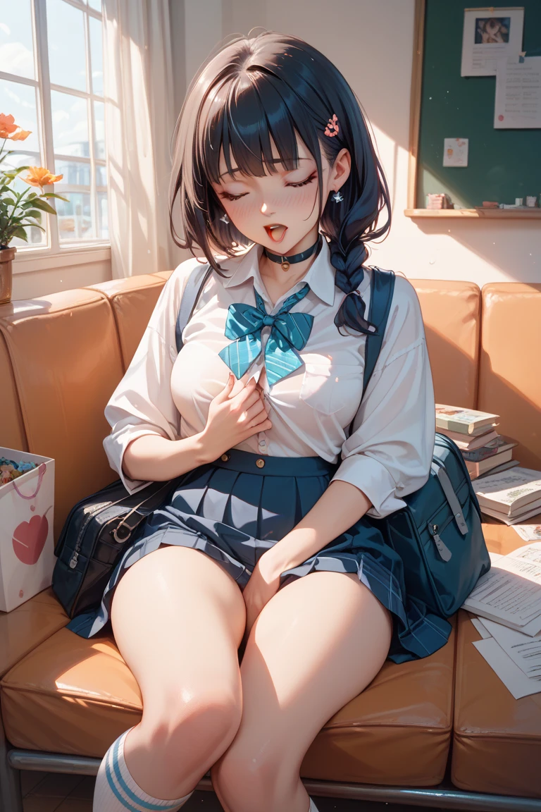 masterpiece, highest quality, High resolution, question 1, 1 girl, alone, hair ring, Pom Pom Hair Ornament, sailor collar, long sleeve, short bob,bob hair, striped skirt, beret, blush,smile, wearing randoseru backpack,Clothes are transparent,nipple,big breasts,young girl,Clothes are transparent 、、Kindergarten children、sit with your legs apart、Cute patterned panties、blush、embarrassed expression,clothes get wet,Nipple shows through
