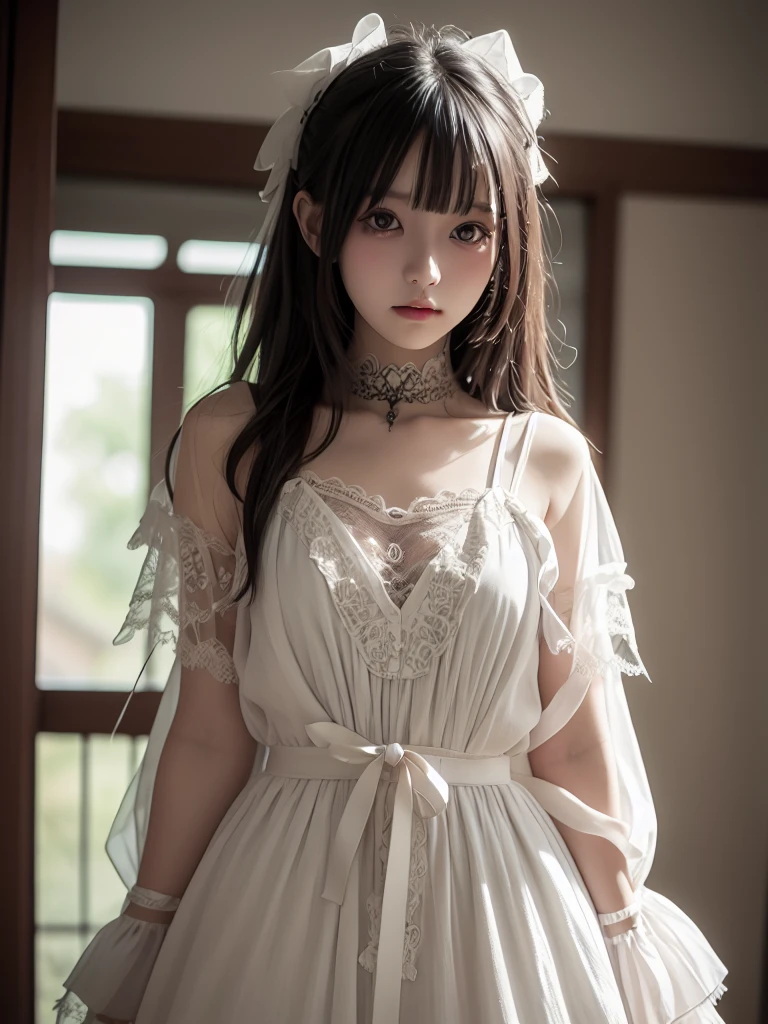 ((((flat chest)))),((1 girl)),((solo)),((highest quality)), (masterpiece),((High resolution)),beautiful girl,model,Japanese,12 years old,(no makeup),hairstyle random,hair color random,perfect body,coarse lace dress,Stained glass