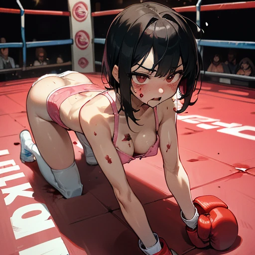 Wearing a monokini。Two beautiful young Japanese female mixed martial artists fighting in the Octagon。Rivals。Covered in blood。On all fours, with my mouth open, gasping for breath、Drooling、One eye closed。The other stands looking down。Extremely sweaty。Black Hair。Erect nipples。