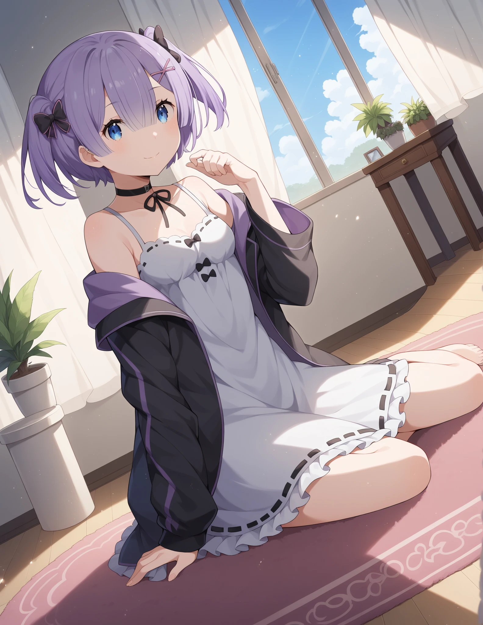 1girl，solo，Animal ears，Cat ears，dress，black，Short sleeve，Purple Eyes，Off-shoulder，white hair，sitting，On the wooden table，blackdress，looking at the audience，Open your mouth，thigh belt，Chokes，Animal ears plush，Knees up，Shoulders，Cat Girl，short hair，neck bell，Short sleeve，blackChokes，bell，Bangs，clavicle，spaghetti strips， Raise your hand、thigh、Knees up、extra ears、sash、blush、Hair between the eyes