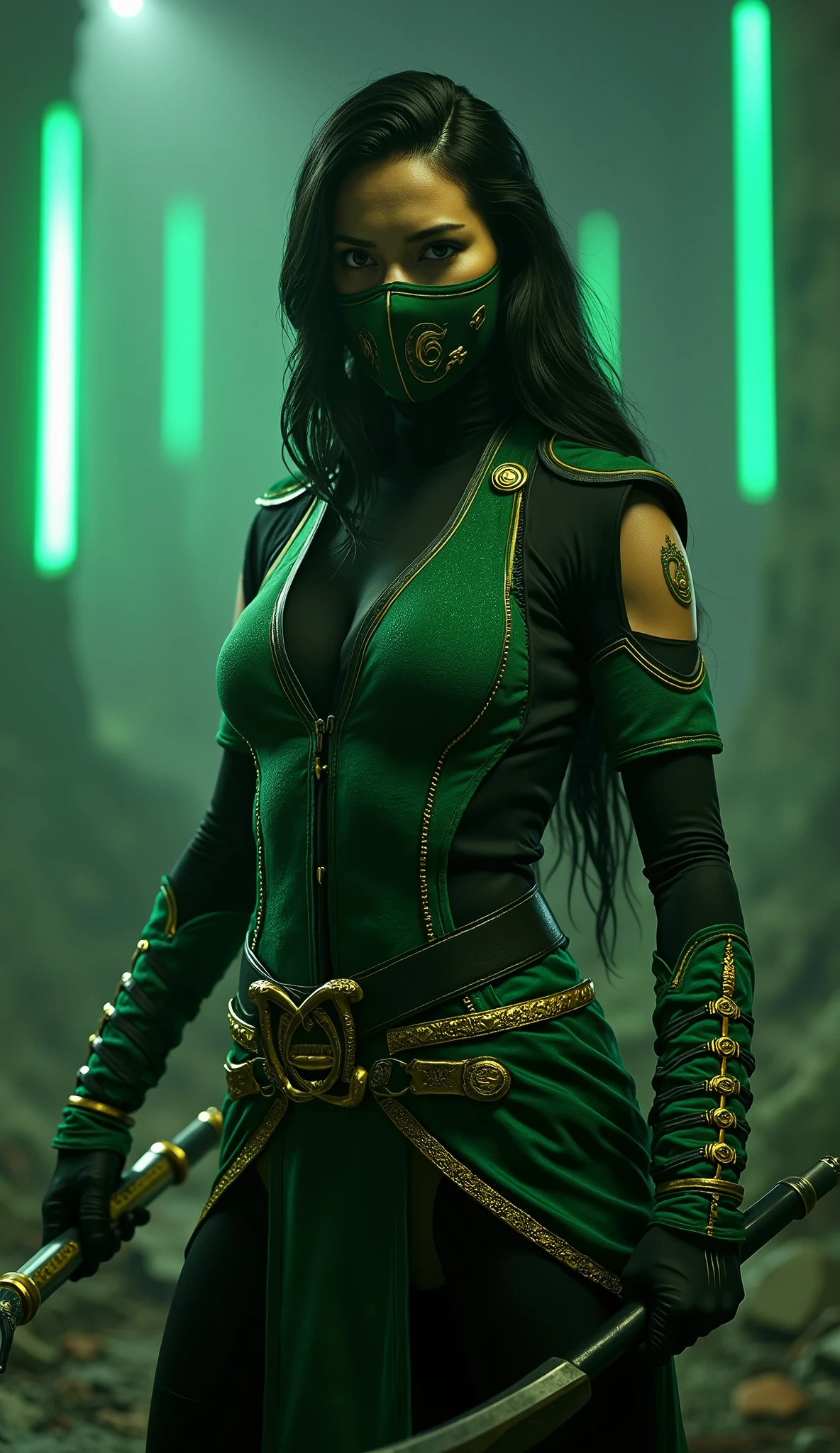 An alien warrior being is fighting in the 
battlefield ,armed and dangerous, anaconda skin, command with power, violent frame, green yellowish, yellow greenish and dark blue ,female, sweet, three quarter wiew, digital art



