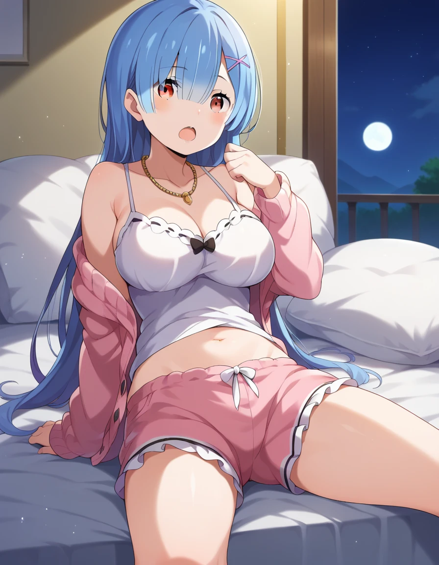 My name is Yukiko.I am a white test woman with long Sky blue hair,red eye color.I am 1.62 cm tall . My breasts measure 200 cm, my waist 40 cm and my hips 200 cm. dressed with in a sweet and lovely pajama set velvet tube top and shorts, cartoon two-piece sleepwear sets . With big breasts 200 cm