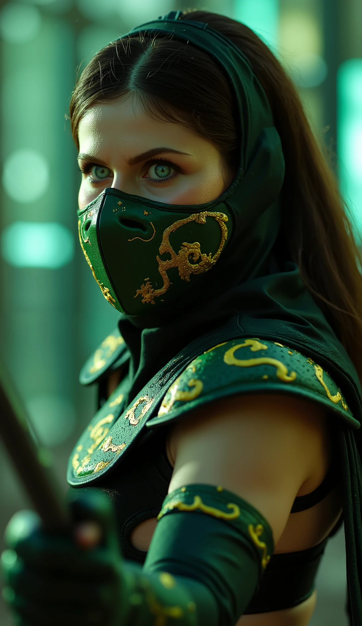 , Sandra Bullock assumes the role of Jade in an impressive interpretation of the warrior * mortal kombat*. almost untouchable. Wearing her iconic emerald green costume with gold , she exudes a strong and determined presence , combining the elegance of a lethal assassin with the discipline of a loyal guardian . Her half-open mask reveals enough to highlight her expressive and calculating eyes , reflecting intelligence and combat experience . With her iconic combat rod in her hands , Sandra incorporates the agility and precision of Jade . In the background one *Black forest with neon lights in the background* Even with her serious and imposing posture , , there is a flash of intelligence and insight in her eyes - a trait that dominates like no one else. She brings to Jade a perfect balance between strength and charm , showing that behind her strict discipline there is a Stray of sharp-mindedness and unwavering loyalty . .ultra-detailed textures, cinematic lighting, resolution 8k, photorealism and dramatic atmosphere." .8k, details rendered on Unreal Engine 5 .