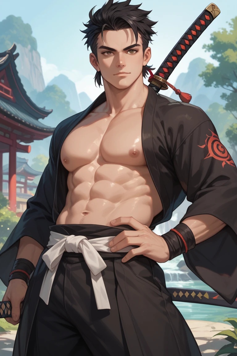 Japanese male samurai, 30 years old, Big one, big muscles, Slight pubescence., black hair, Wavy abdominal muscles, The body is full of wounds., Sweating, Tanned skin, dirt, Wearing traditional red and black Japanese armor.. , holding a katana, In the middle of the battlefield, Shikoku, fighting posture