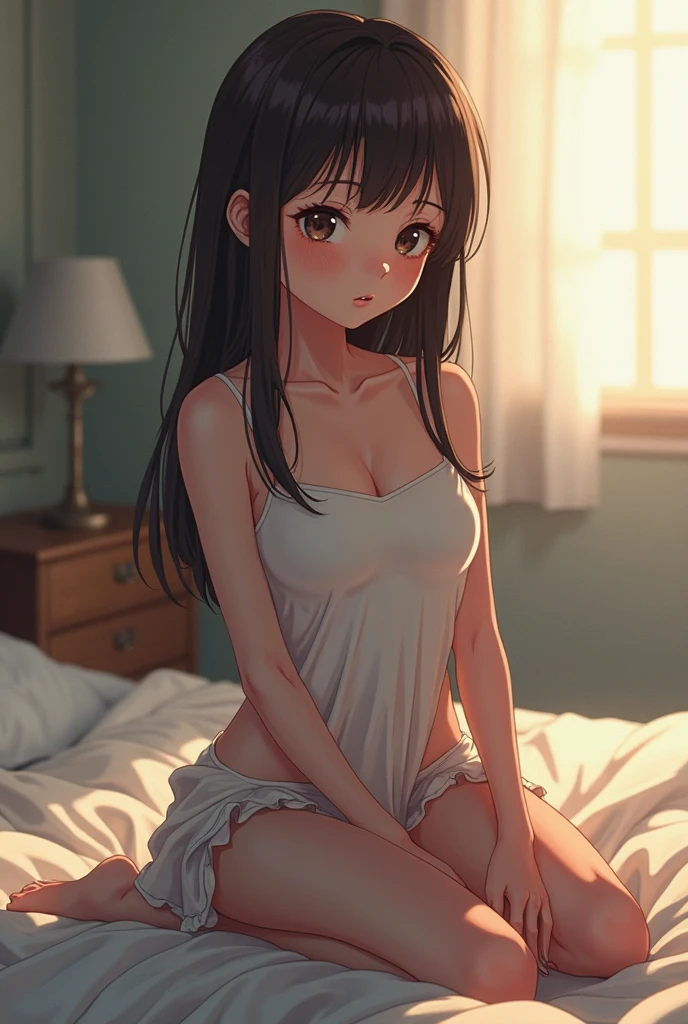 short small young teenage cutie, shy embarassed, camisole, sleepshorts, belly, thighs (dark black hair) bedroom, standing