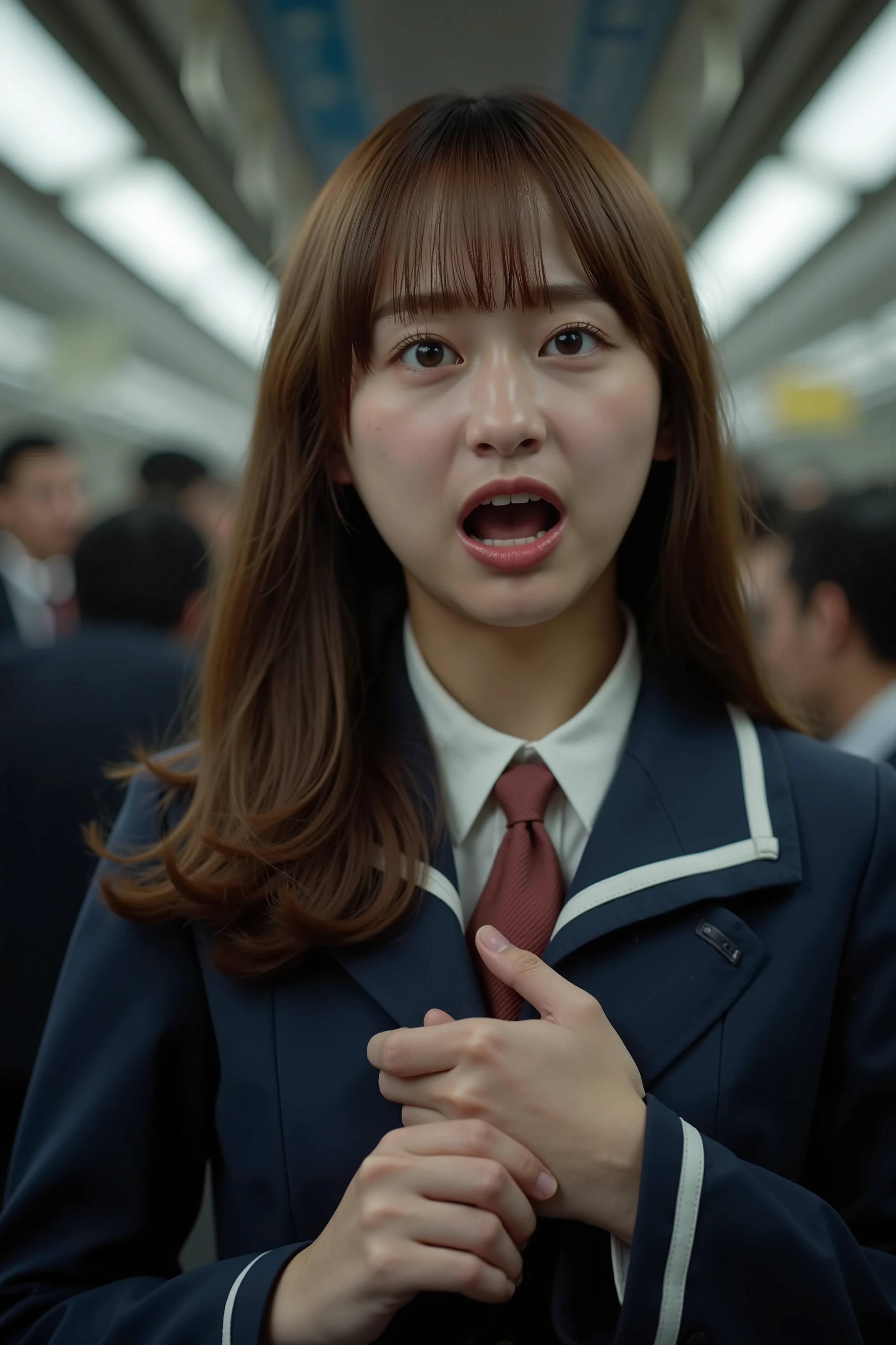 A high resolution photograph of a young beautiful Japanese woman in school uniform standing inside a crowded train car.
She has petite body, brown hair and pale skin.
(A man grabs her chest from behind. The man's face is invisible:2.5).
Her eyes are half open and her mouth is open. She's shouting and screaming in sexual behavior.
She looks surprised expression, crying, frustrated, frowning, panting, gasping face. The focus is on her face.
It depicts detailed face, detailed eyes, sophisticated nose, carved face, greek nose, narrow nostrils.
The amazing quality, extreme details, intricate details, sharp focus, rich contrast and realistic use of professional lighting techniques make this photograph a masterpiece.
