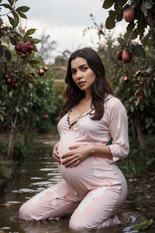(huge belly pregnant, chubby girl, beautiful detailed eyes, beautiful detailed lips, extremely detailed eyes and face, 1girl, woman long hair, beautiful face, flowing hair, serene expression, sitting on wood with boy, 1boy, forest, wood, background hut house, sun rays, natural lighting, cinematic, dramatic, vivid colors, fantasy, ethereal, photorealistic, wear Pajama, (Safe for work))