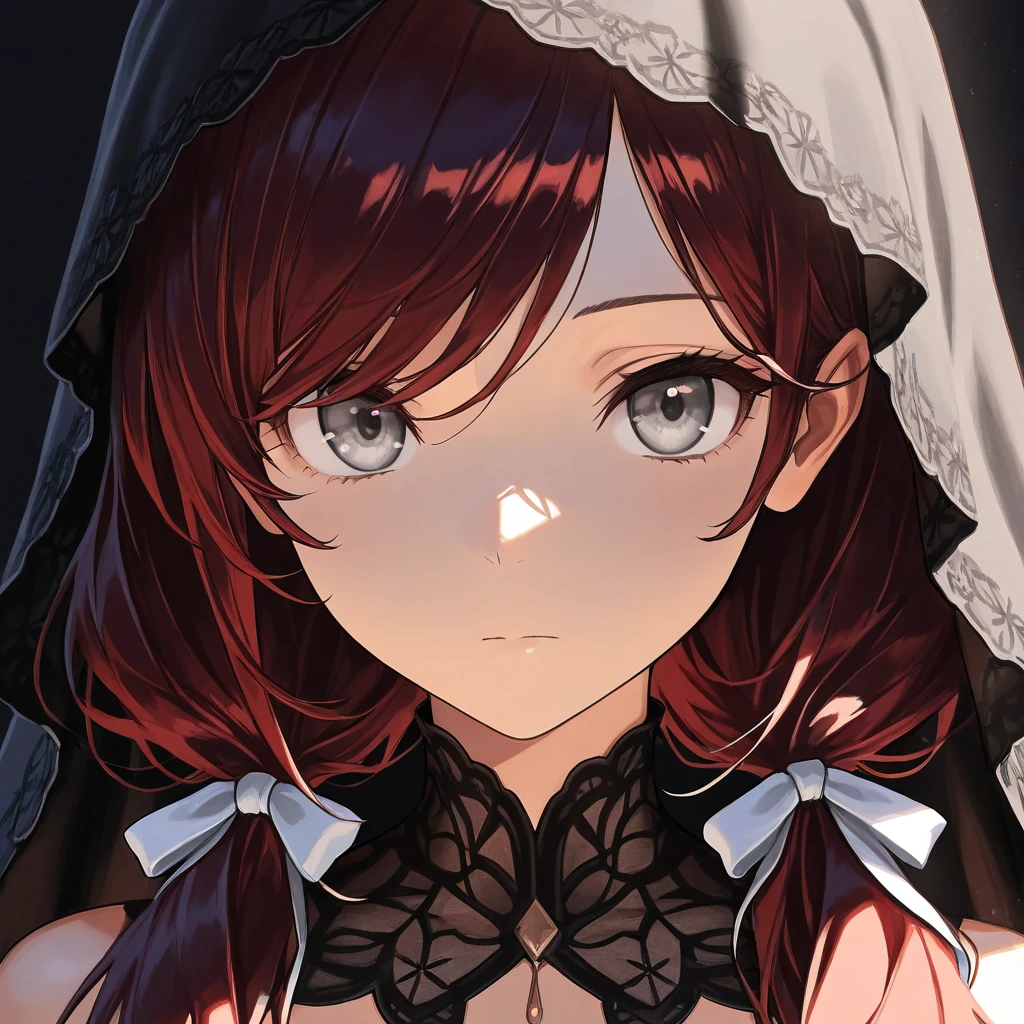 masterpiece, best quality, 1girl, medium breasts, black veil, night, darkness, shadow, clouds