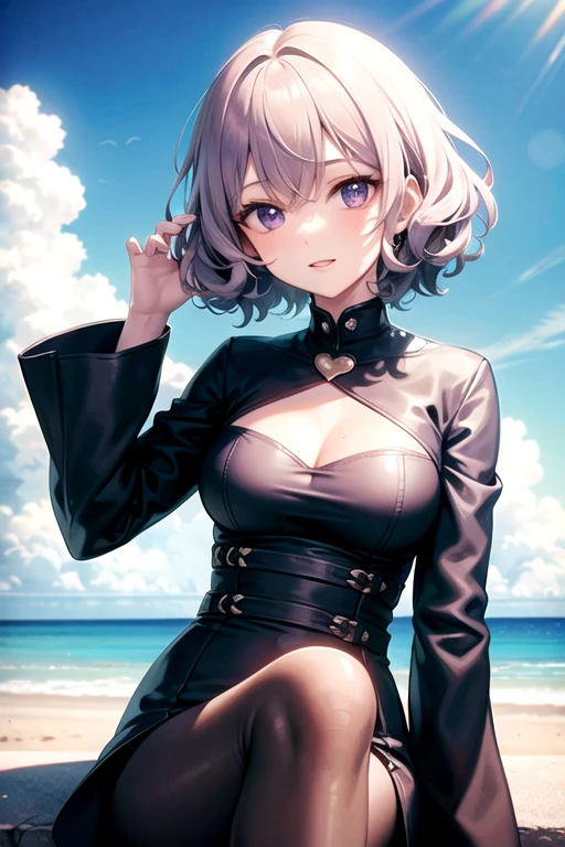 (masterpiece, best quality, high resolution), 1girl, naked, white hair, purple eyes, bob cut, short wavy hair, average breasts, blush, light smile, parted lips, glow, thighs, bare shoulders, collarbone, narrow waist, (sunbeam, sunlight, rose, wind, beach, seaside), cleavage, (beautiful detailed face, beautiful detailed eyes), (sweat), (portrait shot), NSFW