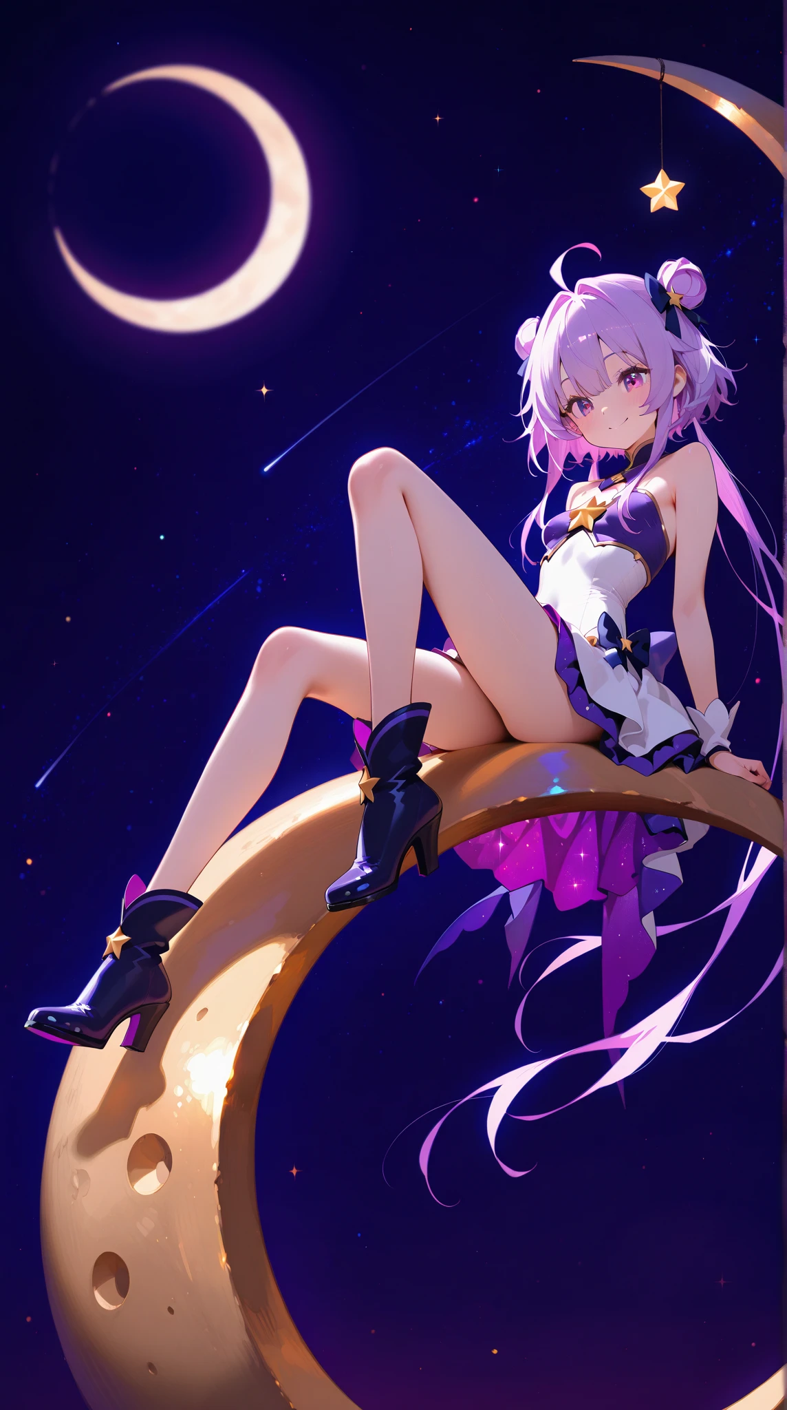 1girl, Pelo violeta largo con estrellas, ojos violeta con estrellas, con sudadera negra holgada, shorts holgados color negro, en el espacio con galaxias color morado, high resolusion, ultrasharp, 8k, Obra maestra, Mirando al espectador, enfoque a la cara, boca cerrada, epic pose, stars, black holes, luna de fondo