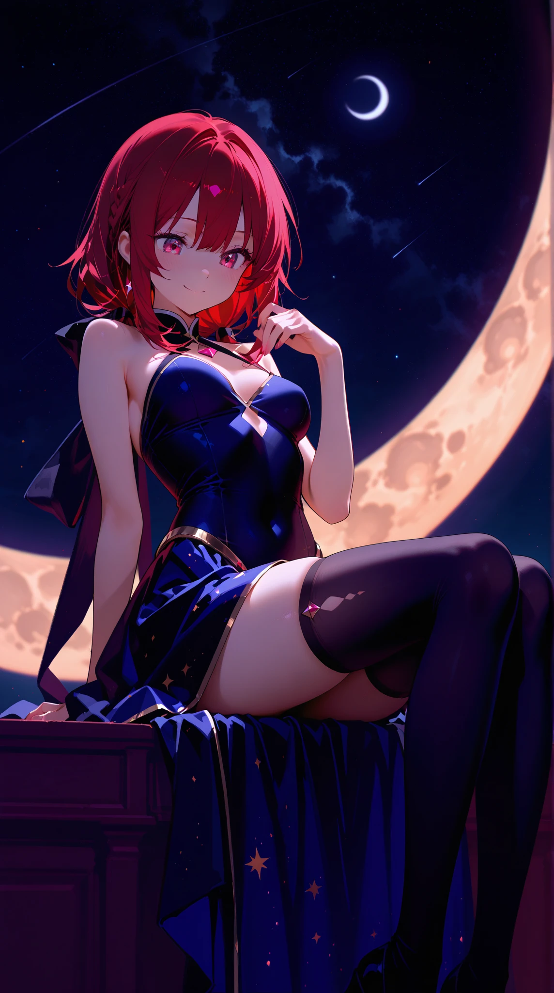 ((masterpiece、4k、8k、highest quality、perfect fingers:1.perfect anatomy:1.3、blur the background))、cute petit girl、((devilish leotard、8-year-old、Red hair、Devil's horns and wings、Slender beautiful girl、straight long hair))、(beautiful big slanted eyes)、open mouth smile、full body display、knee high socks、beautiful moonlight、night sky、fantasy world、roof of the tower、