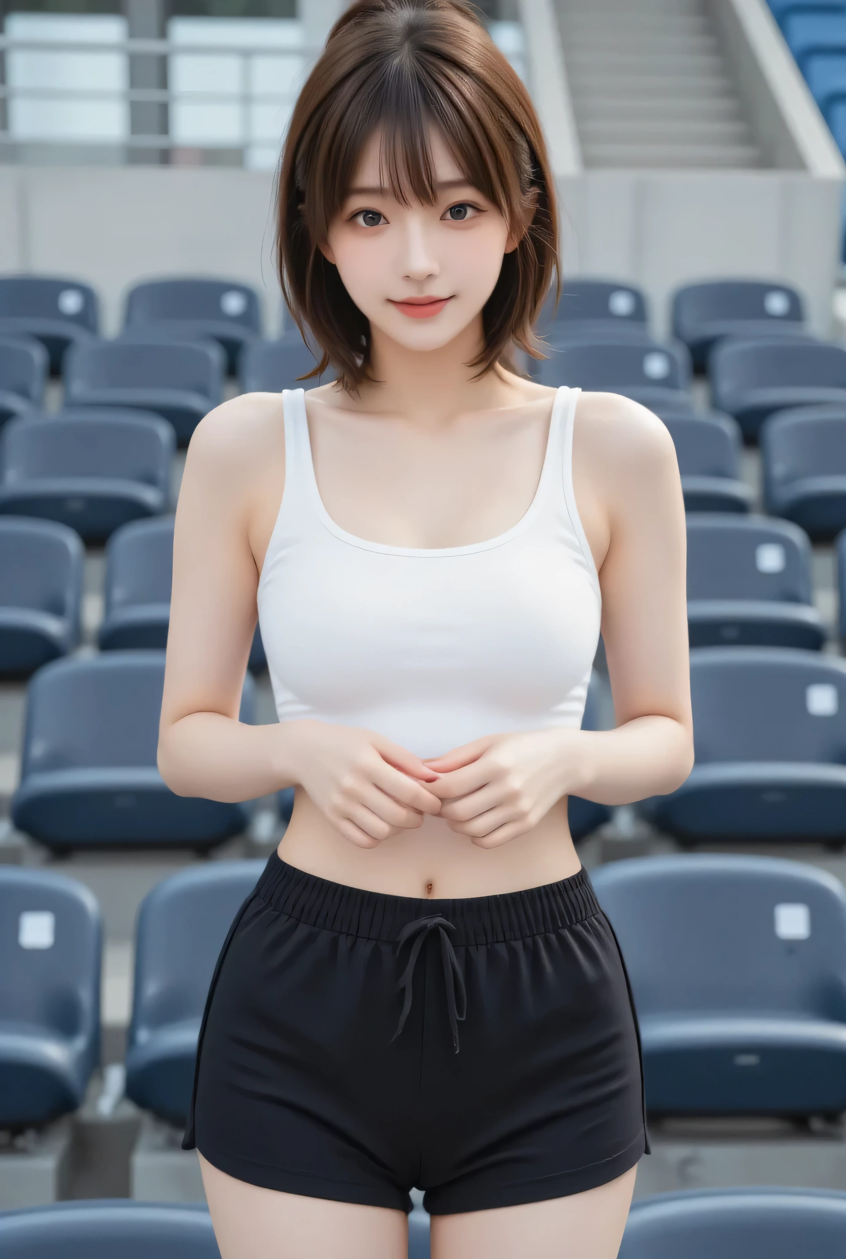 highest resolution, 8K HDR, most detailed, raw photo, full body, 20 year old girl, Asian woman, alone, solo, cute pretty face, natural white face, smooth skin, white skin, milky white, wearing black short shorts, white tank top, average bust, revealing bust, firm and round bust, hair tied up (chestnut brown), brown eyes, double eyelids, light orange lips, beautiful figure, standing posture with hands in front of stomach, looking at camera with sweet and attractive smile, standing on stadium, professional lighting from the front, character details