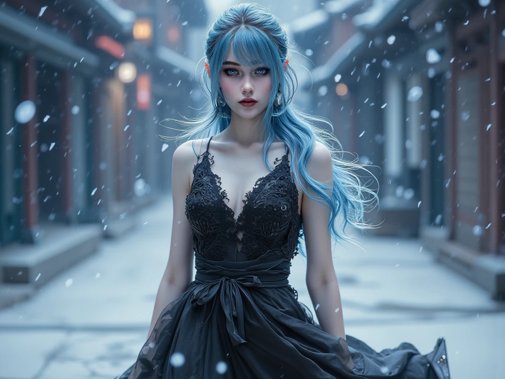 ((masterpiece, highest quality, Highest image quality, High resolution, photorealistic, Raw photo, 8K)), ((Extremely detailed CG unified 8k wallpaper)), (huge stunning goddess shot, very hot and sexy, jaw-dropping beauty, perfect proportions, beautiful body, slim body beauty:1.4), Chinese girl, A girl dressed a skirt dress stands in the snow, wearing a black mini-skirtdress, at night, Magical effects around, Effect of water flowing in the air, tattoo, sky blue hair, red lip