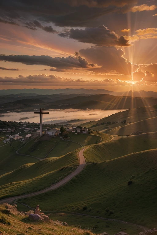 ultra realista 8k, cinematic, Vision of Calvary with the empty crosses, fim de tarde, com por do sol no fundo, imagem artistica, realista