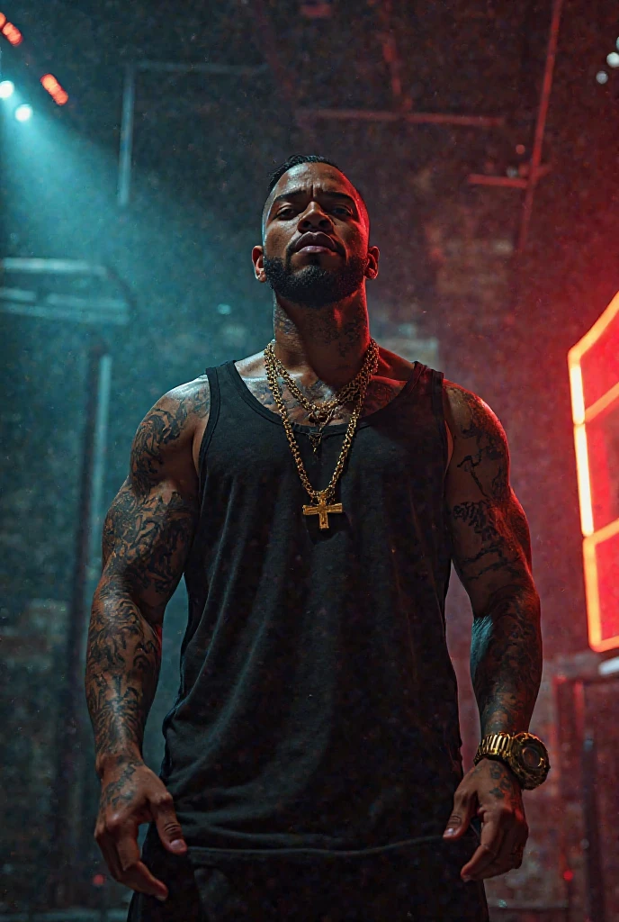 ((masterpiece, best quality)),(complex lighting) ,solo,(((1guy))), Black skin, emo rapper, Slightly notorious criminal, mischievous toothy grin with several gold teeth, light skinned, freckled face, undercut with long bangs, dark red hair, tattoos, distinctive intricate tattoo on left side of his face, shirtless heavily tattooed, gun tattoo on stomach, gold chains, diamond necklace and diamond earrings, baggy pants, performing on stage, (((8k)))
