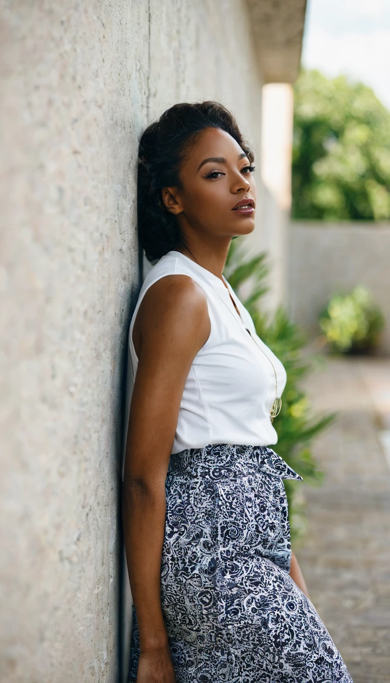 black woman, leaning against the wall 