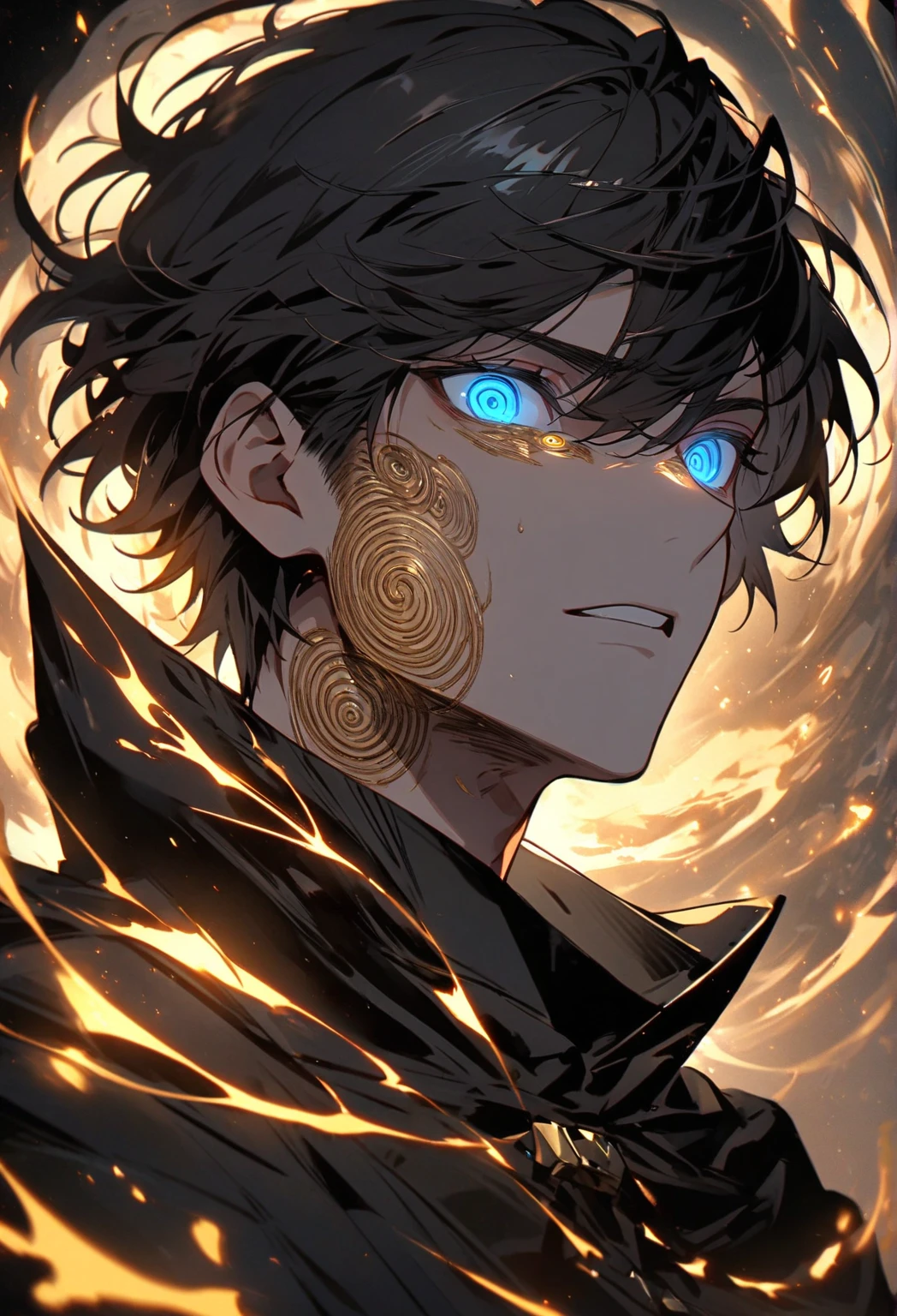 ((masterpiece, best quality)), A anime boy with black hair and a black coat sits on a white pillar, bound by glowing golden cube chain shackles. many Golden cubes float around him in a circular orbit. He looks towards downside with no emotion, surrounded by the cold expanse of space, many scary eyes are watching him, BRIGHT COLORS