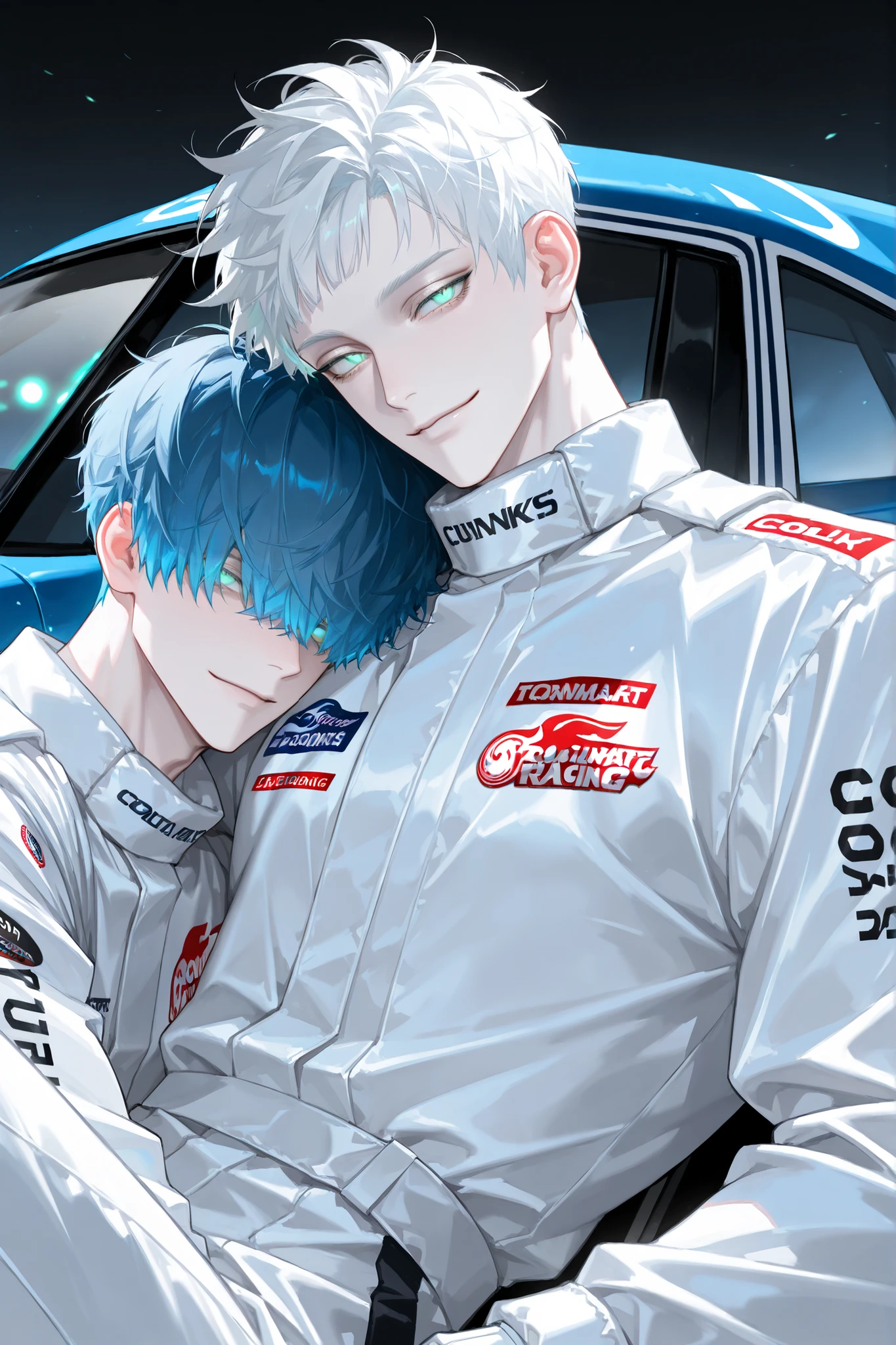 (1man,pale skin, Muscular,manly,handsome, sensual, blue eyes, sharp and cold eyes, eyelashs, soft glowing eyes, white hair, short hair, curtained bang, half bang, forehead, smile,white mechanic costume,Motorsports),
(1man, adult male,pale skin,Twink,manly,sexy,cool,handsome,tall,Mature,sensual,green eyes,eyelashs,soft glowing eyes,blue hair,Messy hair,blunt bangs,hair over eyes,pixie cut,Expressionless,Motorsports,White_Racing Suit),
couple , boys love , gay , love