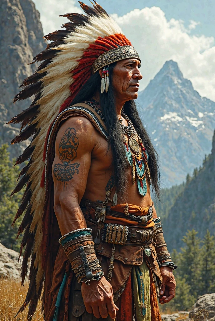 (masterpiece, high quality, lifelike, Ultra realistic, Remarkably high quality, photorealistic:1.5), Prefect details, 1 man, (((((large, red-skinned Native American indian 22 years old wearing tirbal tattos with a mohawk and in his hand is two tomahawks))))),  sharp focused with high details, detailed, realistic, high definition, Standing While holding two tomahawks, Warpaint, has black warpaint around his eyes, his name is Chief Thunder