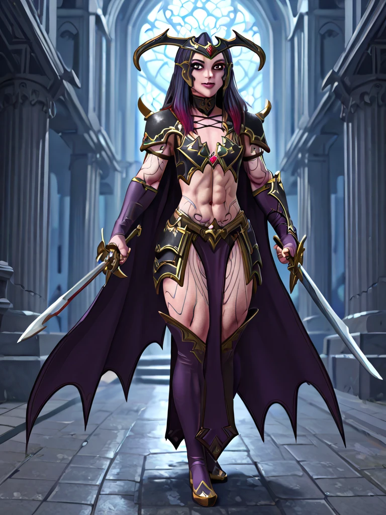 ((Fullbodyview)), (Meisterwerk), ( beste Qualität) ( muscular: 2.5),  , (vascular body: 2.5), ((muscular Asian woman)) in spookyruins, she is very muscular and beautiful, massive bulging musculature, she wears ((long silken mantle)), armoured skirt, she flexes her mighty muscles, ((Asian woman)) fantasy (Wizard- warrioress: 1.5), massive traps lats biceps and quadriceps, long black straight hair, very muscular Asian woman, magical sword in one hand, massive pectorals: 1.9, small flat breasts
