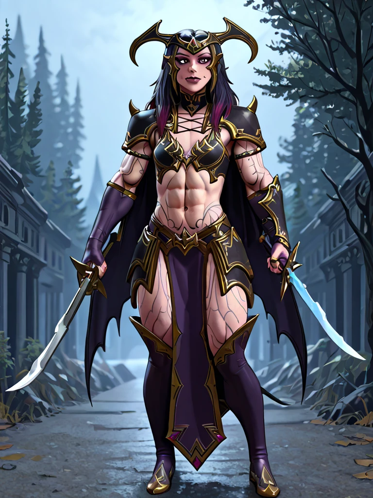 ((Fullbodyview)), (Meisterwerk), ( beste Qualität) ( muscular: 2.5),  , (vascular body: 2.5), ((muscular Asian woman)) in spookyruins, she is very muscular and beautiful, massive bulging musculature, she wears ((long silken mantle)), armoured skirt, she flexes her mighty muscles, ((Asian woman)) fantasy (Wizard- warrioress: 1.5), massive traps lats biceps and quadriceps, long black straight hair, very muscular Asian woman, magical sword in one hand, massive pectorals: 1.9, small flat breasts