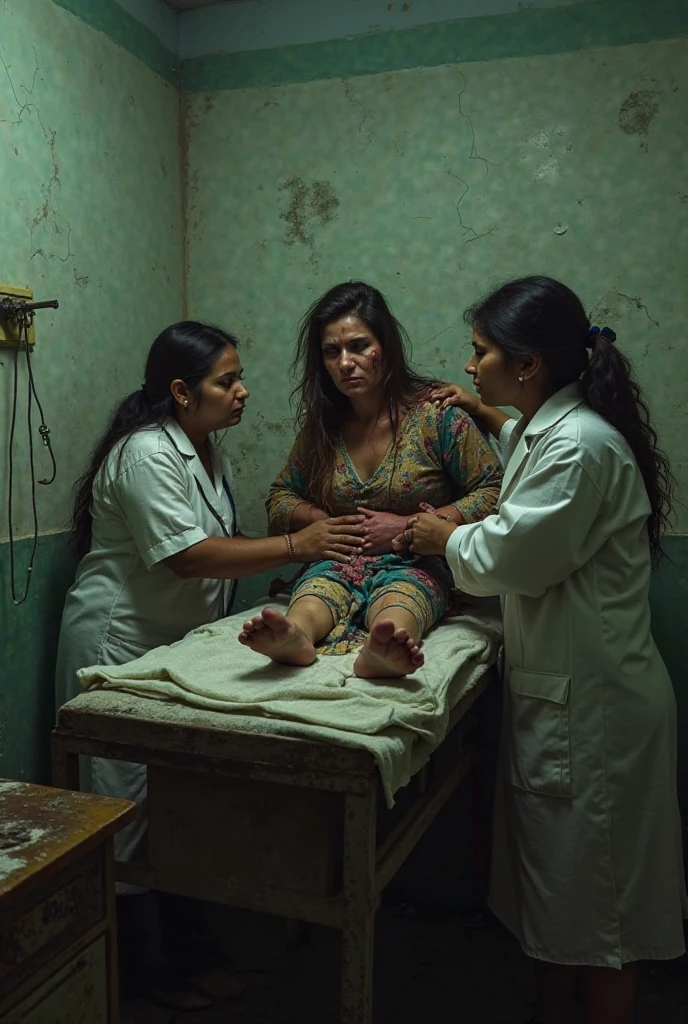 A woman patient indonesia wearing a hospital gown lying in a hospital bed surrounded by three healthcare workers with the patient's right arm sling blue, right leg brown bandaged and various medical equipment indicating an intensive care setting