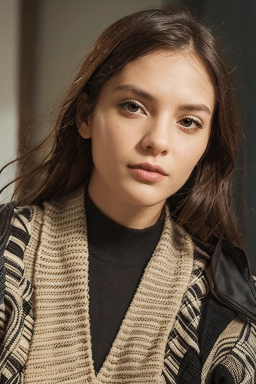 marqual,black hair bun,upper body shot,city street background,long jacket,turtleneck sweater,masterpiece,bokeh,dof,highly detailed