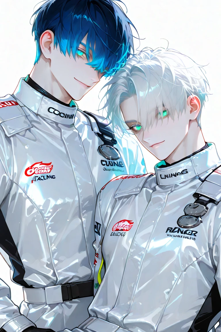Two handsome guys of the same height　Two handsome 18-year-old cyborgs of the same height 　Very short, cropped black hair　future　universe　Science fiction　The background is the galaxy universe　A very tight white and blue rubber suit　Plug Suit　Gloves　Both look at the camera　White mega bulge　Same height　Two handsome guys standing back to back　《Faded pastel tones　Calm colors　Soft shades　Faded screen