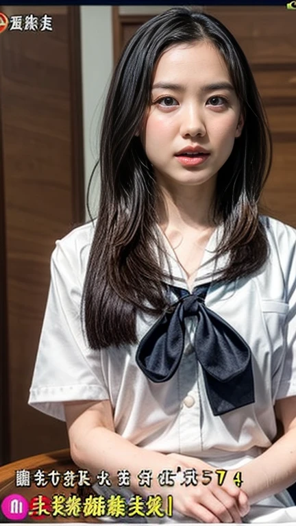 ((highest quality, 8K, masterpiece :1.3)), Photorealistic、Ultra-high resolution、Natural skin texture、Hyperrealism、Photograph from the knee up、12 year old beautiful Japanese girl、Large breasts、White collared shirt and tie、Checkered mini skirt、Serious expression、Angry