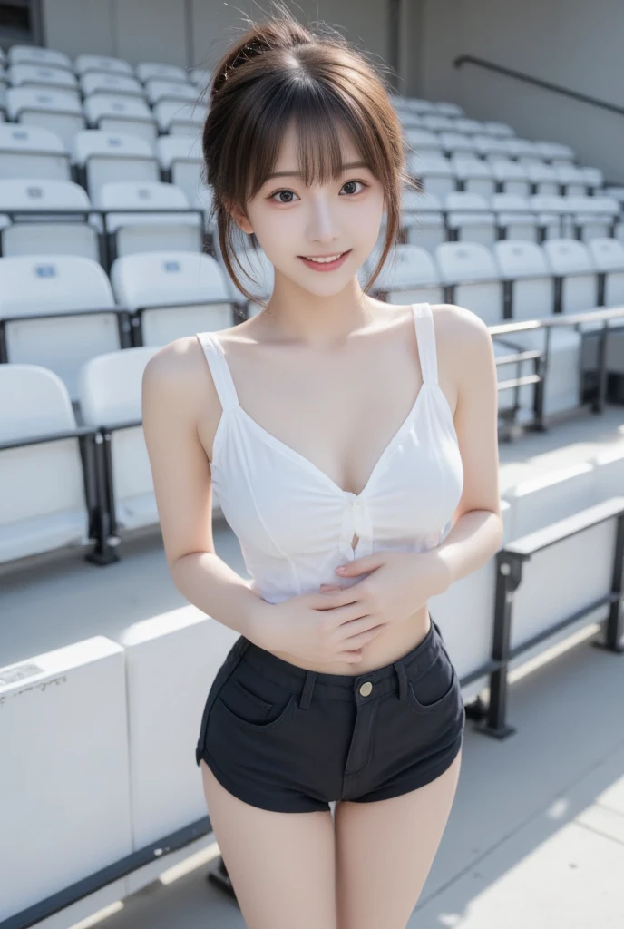 A very cute face like an idol、Looks like a young face、20-year-old female、Gentle and cute、A kind smile、In a blouse、((mini skirt))、(((White panties)))、(((Lifting her skirt to show her panties)))、(((whole bodyの姿)))、Cleavage、A crowded bar、Cinema lighting、Natural light、whole body、Artistic、RAW Photos、Genuine、High quality that is indistinguishable from real life、realism、Real Stick、High resolution、masterpiece