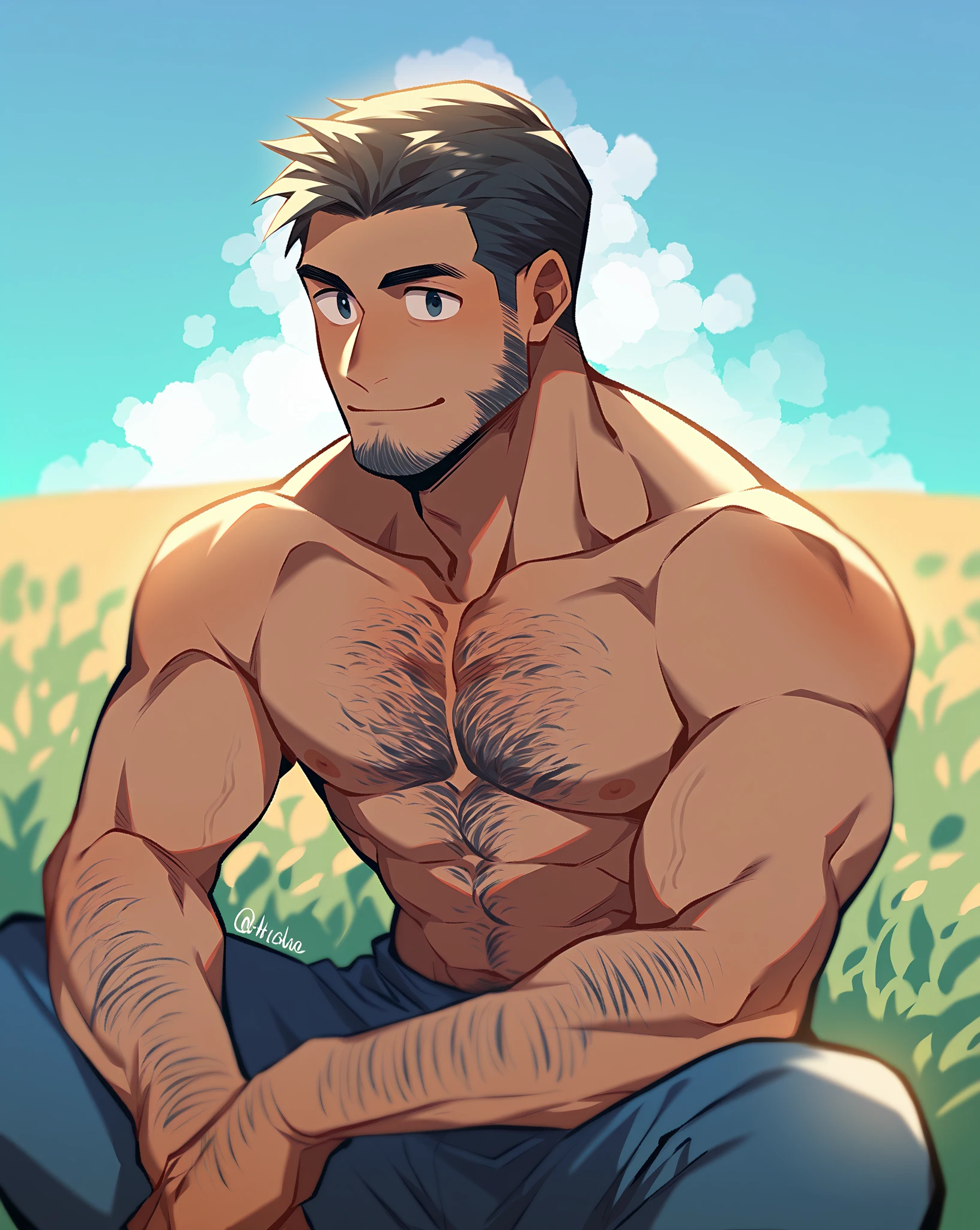 solo, low angle, looking at viewer, cartoon, hyperrealistic, 50yo man, The King, wearing clothes, volputuous body, large pectoral, wavy hair, seductive smile, (mustache), (beard), legs apart, hands on hip, hazel eyes, in a wilderness,