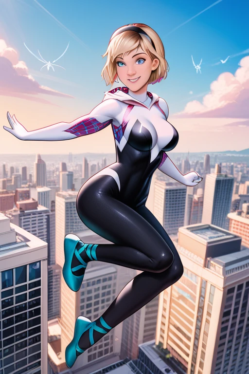 Gwen stacy from spider man, blonde, white spider suit, tight suit, cameltoe, standing, uncomfortable smile on face, thick legs,
