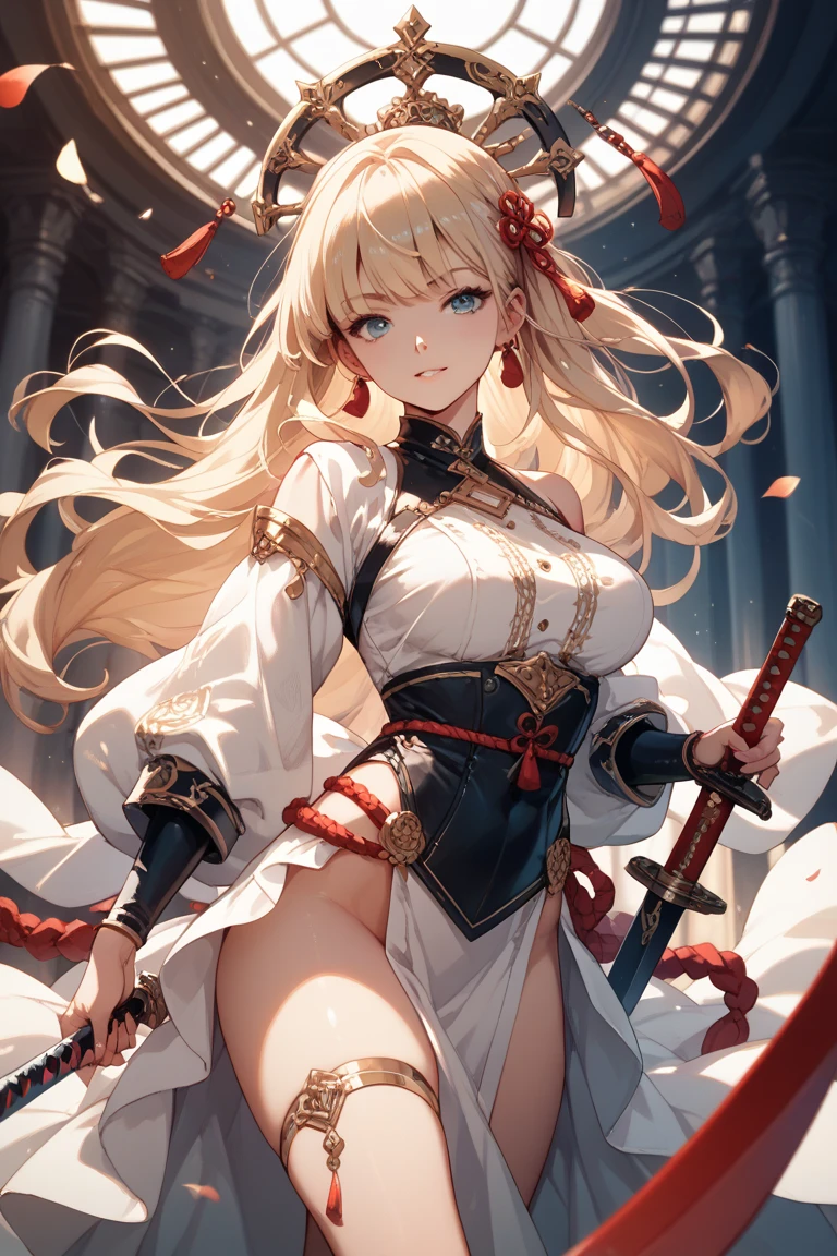 Greek clothes, peplos, 1个Giant Breast Girl, ,Blonde hair, ahoge, green-eyed, florals, hair intakes, looking at viewert, large , Alone, rosette, jewely, By bangs, hand on hips, ribbons, upper legs, 鎖骨, white Background with, ssmile, separated sleeves, woven, hair ribbons, The sword, french woven, 小upper legs, Chopping, Background with, red ribbons, 耳Nipple Ring, longer sleeves, red rosette, beak, Be red in the face, long whitr hair, choker necklace