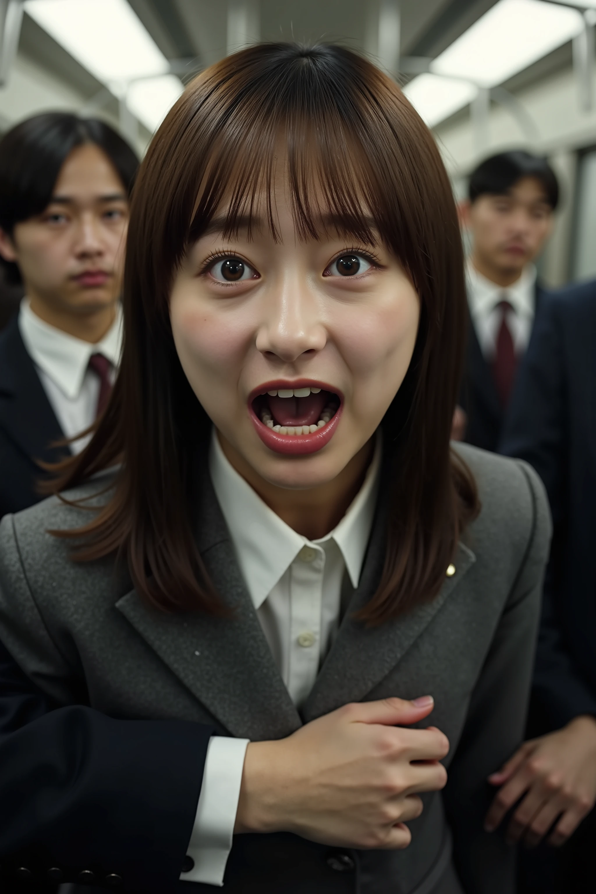 A high resolution photograph of a young beautiful Japanese woman in school uniform standing inside a crowded train car.
She has petite body, brown hair and pale skin.
(She is being grabbed by the chest by the man behind her:2.5).
Her eyes are half open and her mouth is open. She's shouting and screaming in sexual behavior. 
She looks surprised expression, crying, frustrated, frowning, panting, gasping face. The focus is on her face.
It depicts detailed face, detailed eyes, sophisticated nose, carved face, greek nose, narrow nostrils.
The amazing quality, extreme details, intricate details, sharp focus, rich contrast and realistic use of professional lighting techniques make this photograph a masterpiece. 