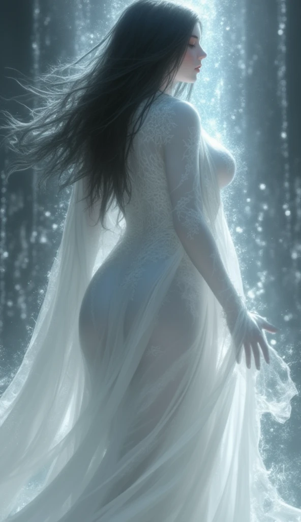 photoshoot of a ghost female silhouette made of a million sparkles. Blue and silver scenery. Low profile view. Ultra realistic