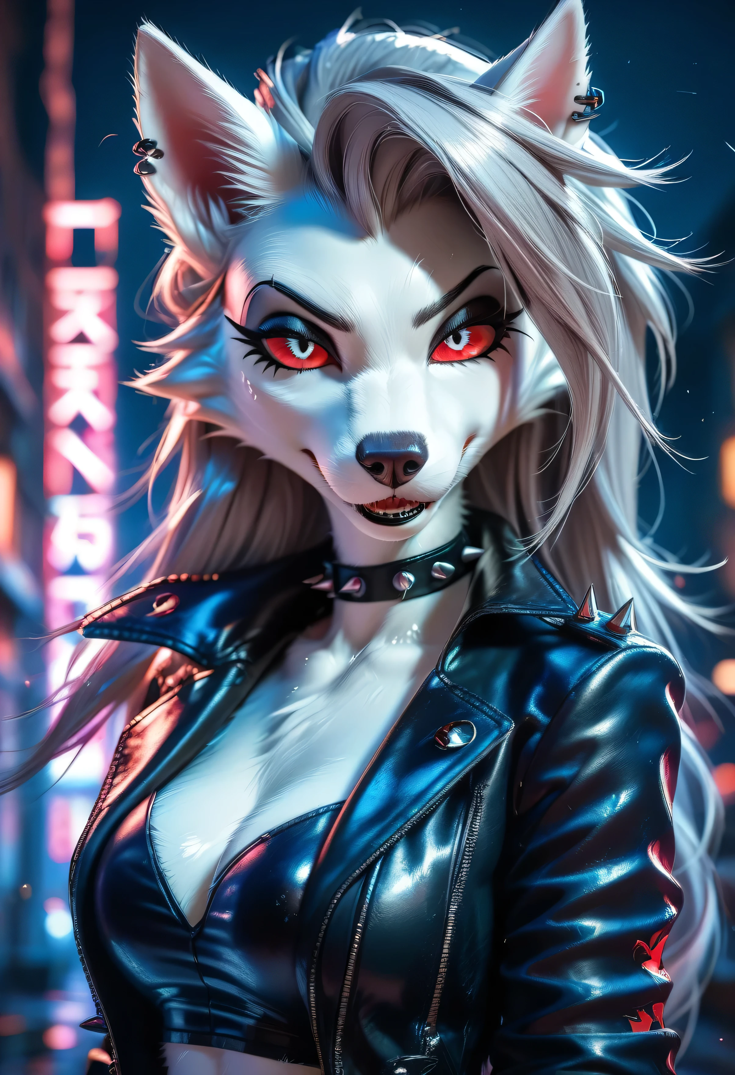4k highly detailed realistic digital extremely high quality drawing, masterpiece, (uploaded on e621), (a three-quarters portrait of Loona from Helluva Boss), (wearing a leather jacket), (beautiful and detailed eyes: 1.1), anthro wolf, fur, seductive, sexy, voluptuous, curvy body, cinematic lighting, (f1.8 short focus bokeh)