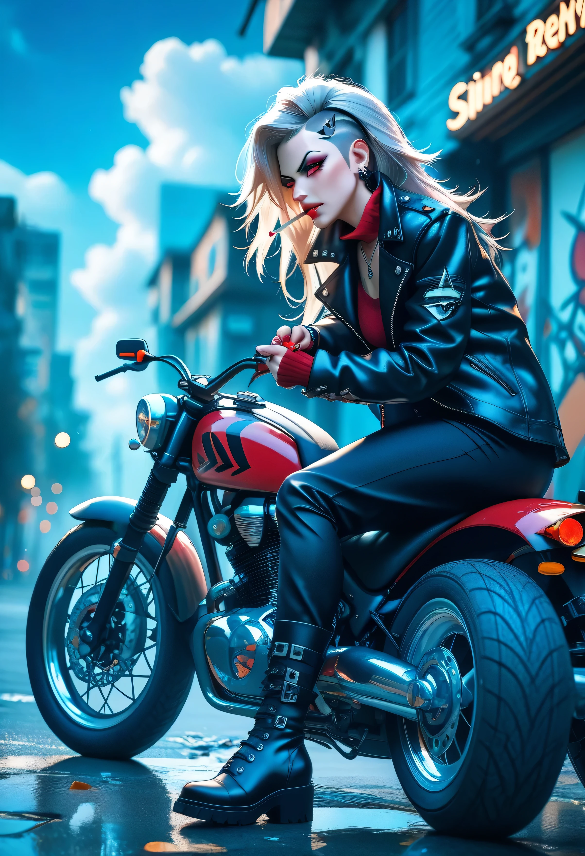 Loona from Helluva Boss leaning on a rusted motorcycle on a cracked infernal highway, flicking a cigarette, spiked leather jacket and combat boots, crimson dusk sky, wind tossing her hair, defiant glare, styled like (sakimichan), (score_9, score_8_up, score_7_up), 1dk, 8k, masterpiece, high quality, punk rebel energy, (Expressiveh:0.8)