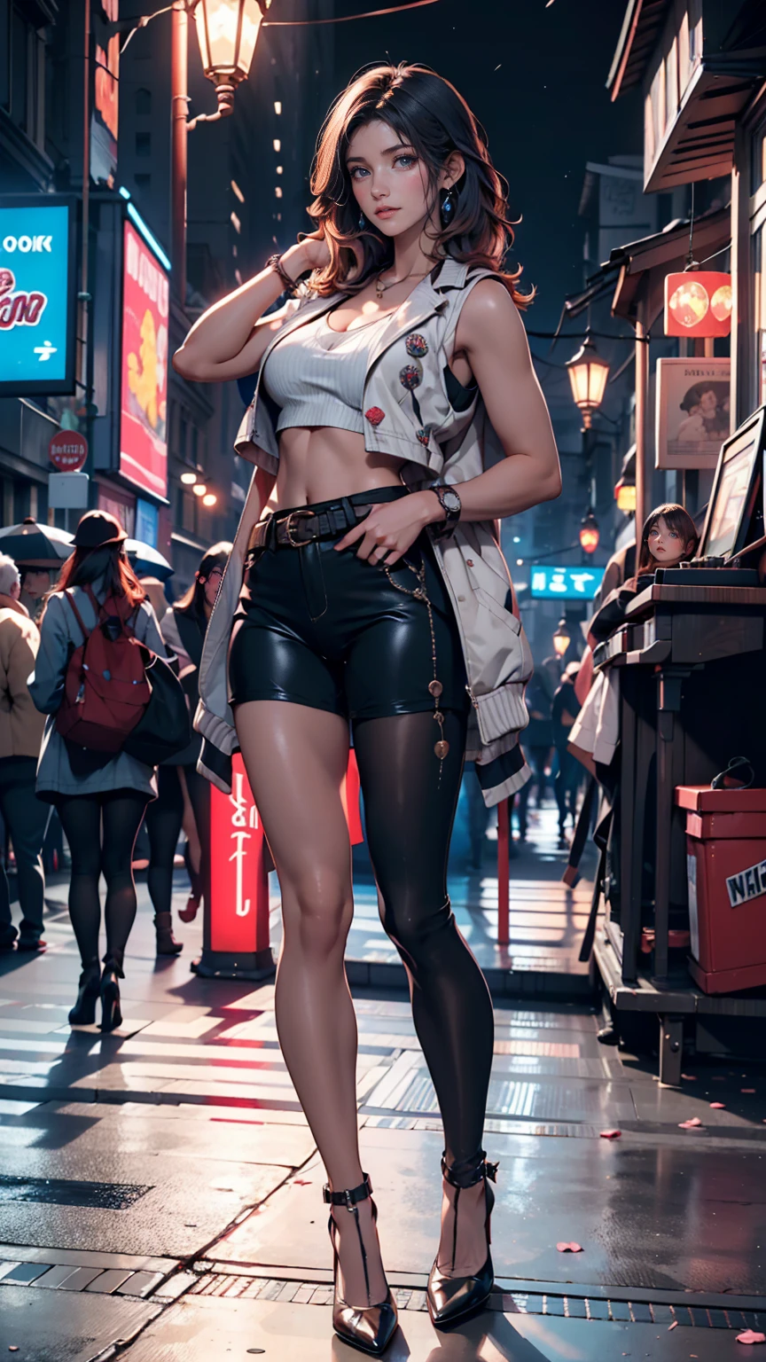Top quality, realistic, night city, wet ground, neon lights, backlighting, (1 adult female), small breasts, short hair, shiny red lips, closed mouth, sexy pose, blue topaz eyes, slanted eyes, smiling face, cleavage, hip bones, nylon jacket, detailed pattern, loose fitting t-shirt, low rise, loose fitting nylon pants, high heel sandals,