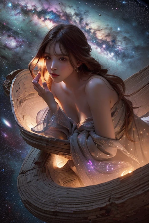 (Highest quality), ((masterpiece)), One huge breasted girl,(solo),Full body portrait, Delicate face, View your viewers, Strong eyes, Exposed bare shoulders,Exquisite hand, Celestial bodies exist, Particles of light, Halo,Ocean, full of energy, Colorful colors, (Bioluminescence),(Detailed configuration), Light