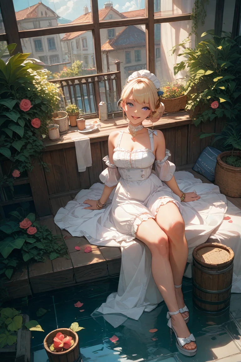 ((最high quality, 8K, masterpiece: 1.3, Ultra HD, high quality, 最high quality, High resolution, realism)) 、22 year old beautiful white woman、Hair color blonde、blue eyeedium hair、straight hair、smile、Slender but well-proportioned muscular body、Athlete-like body type、I don't want my head to disappear from the screen.、Wearing accessories on your wrist、put anklet on ankle、Wearing red nail polish、I have a peticure、I am in a garden with a hedge full of flowers.、Knit dress((knit dress))wear、wearing high heels、carry a handbag、smile、Low - Angle、Blue sky beautiful、There is a table and chairs、Sit on a chair and drink tea from a teacup、3A tiered cake tower full of cakes、There are also tea pods、Steam rises from the tea、The table is covered with a tablecloth、The tablecloth has roses embroidered on the corners.