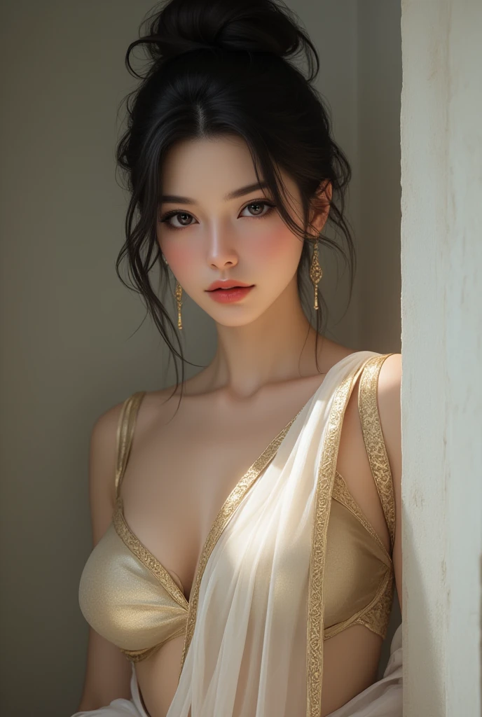 top-quality、masterpiece、超A high resolution、(Photorealsitic:1.5)、Raw foto、1girl in、murky、deep-shadows、Unobtrusive、cold light、sexy appearance、shorth hair、((very_short_hair))、((Luxury evening dresses))、((Luxurious painting))、((Luxurious necklace))、((Floral hair ornament))、((hair_ornament))