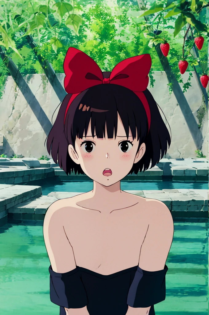 ghibli style,
kiki \(majo no takkyuubin\),
1girl, :o, bangs, black eyes, black hair, blush, bow, bow hairband, collarbone, day, fingernails, food, fruit, hair bow, hairband, holding, holding food, holding fruit, looking at viewer, open mouth, outdoors, red bow, red hairband, short hair, solo, strawberry, sunlight, upper body, water drop
, ((masterpiece)), no clothes, nude, full naked, small breast, full naked, small boobs, full body, pink nipples, nipple, boobs, breast, cleavage, sexy, open legs, pussy, monkey grope boobs, nipples, detail nipples, realistic body, small boobs, collabrone, petite, monkeys