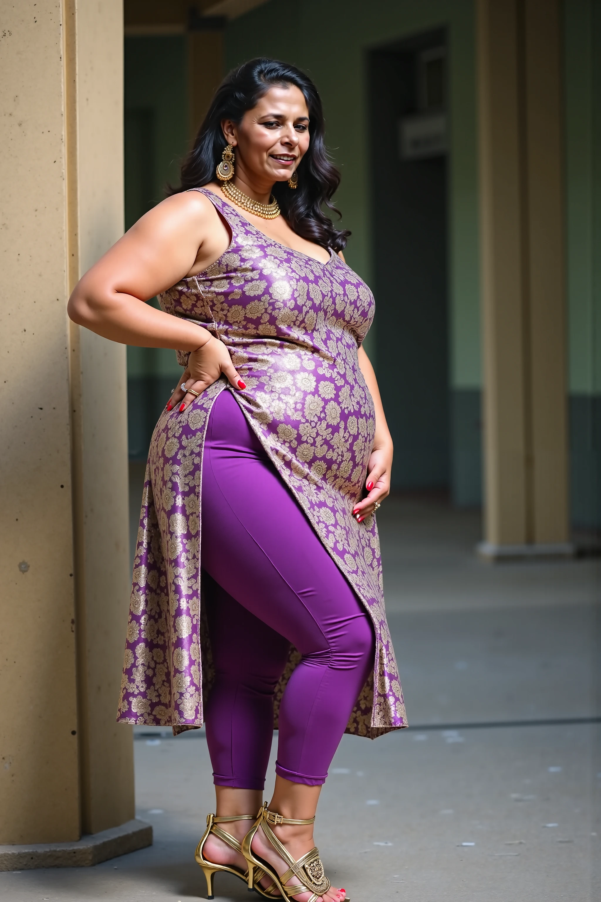 south Indian beautiful woman sexy curvy plus size model wearing different random color skin tight Bollywood Blush Banarasi Dress, eye contact camera view, different style standing position, curvy plus size big hour glass bulky huge figure, big m-cup bulky huge breasts, different style hairstyle, bright eyes, thin eyebrows, fair skin, blushing cheeks, prefect head to thigh close up view, Eden Seraphim Gardens background and location, Dreamcatcher Delight Embroidery, ultra realistic skin texture, head to thigh close up view, smile face, shadow lighting effect, hijab,in vip hotel