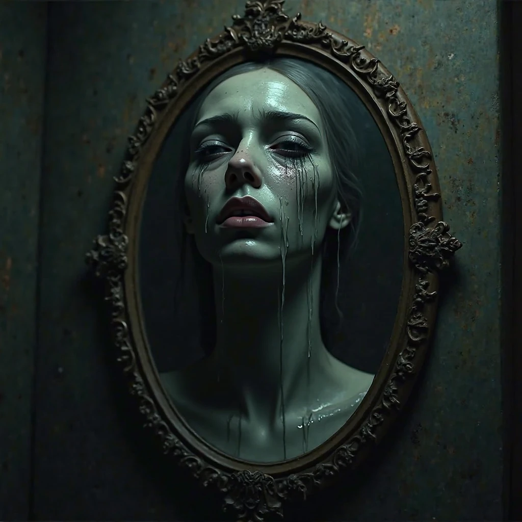 (extremadamente detallado, obra maestra, La mejor calidad), Estilo oscuro, intense illumination, rostro con arrugas, mujer crucificada, tentacle, monstruoso, interior de una piscina de agua verdosa, imagen submarina, alien con Colmillos finos. manchas de tinta. Rococo composition. Luz de caravaggio