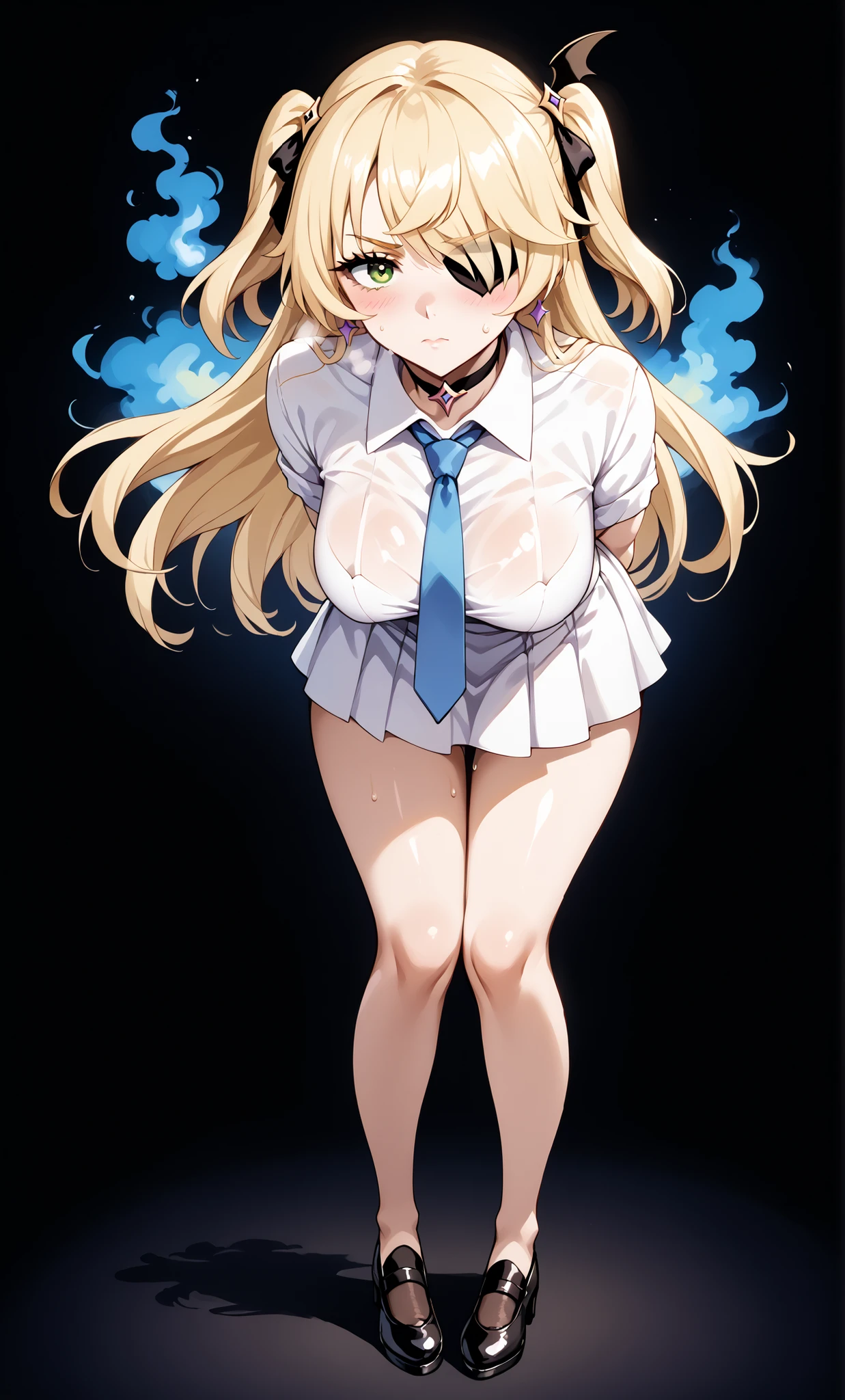 masterpiece, ((sharp expressive eyes)), (((high quality))) 1 girl, senran kagura style, katsuragi, blonde hair, blue hairband, open shirt, full body image, standing up, , blue tie