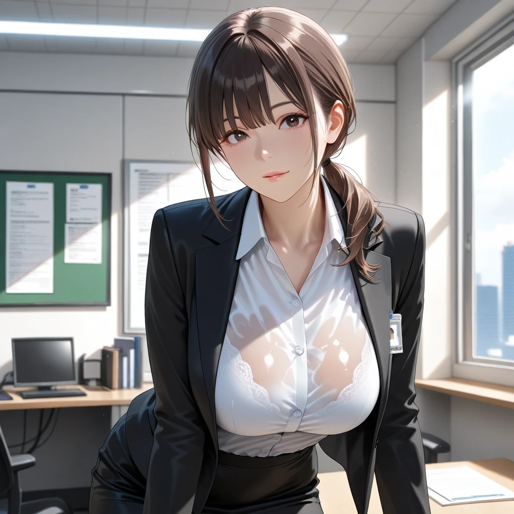 1lady solo, sitting, (looking at viewers), (sleeveless white lab coat) stylish outfit, mature female, /(dark brown hair/) bangs, kind smile, (masterpiece best quality:1.2) delicate illustration ultra-detailed, sagging huge breasts BREAK (hospital examination room) indoors, work desk, (x-ray photo), detailed background, ((showing hairy armpit hair))