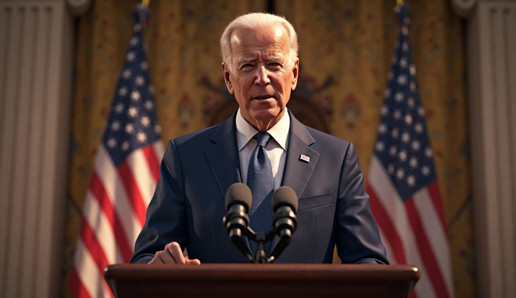 Biden at a podium, looking tired or out of breath